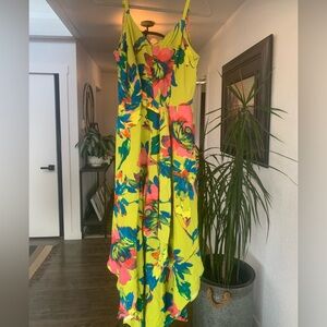 MSK Watercolor Spaghetti Strap Jumpsuit Neon Green Front Tie Women’s Medium NWT‎